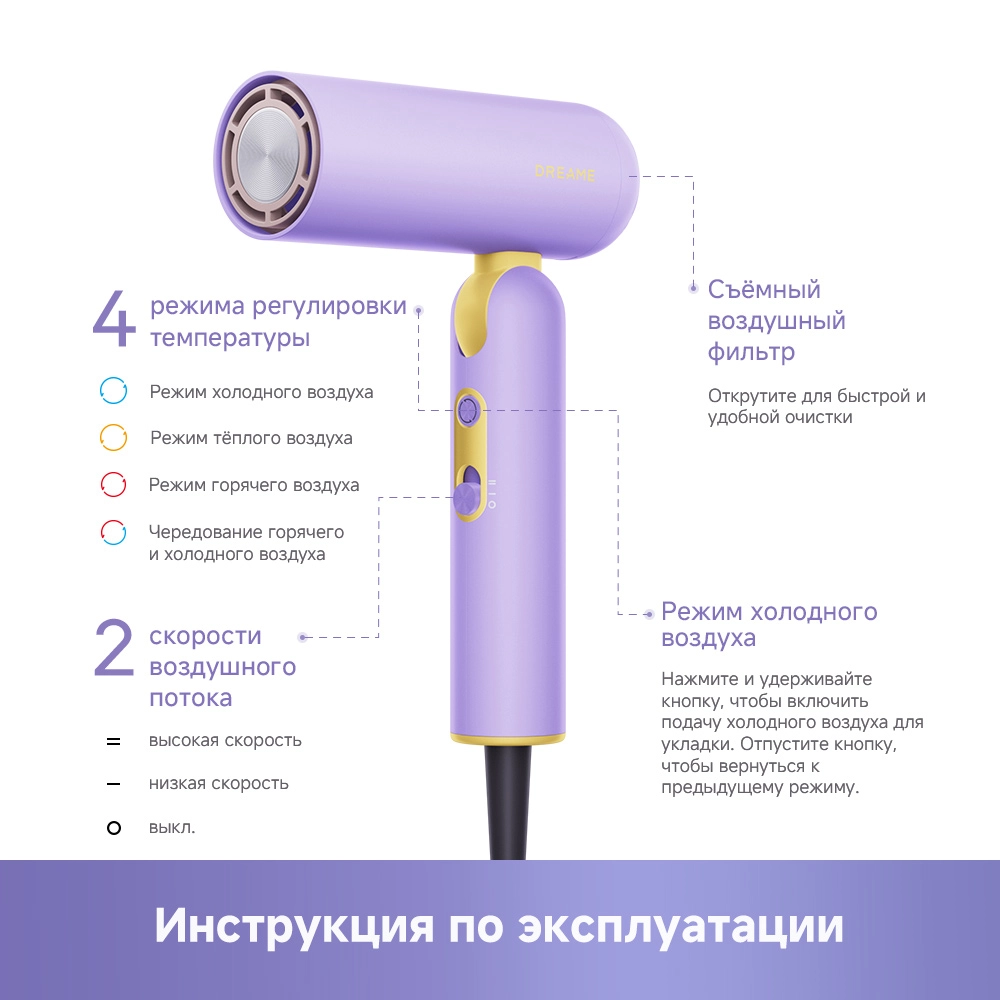 Dreame Pocket Cake Hair Dryer Purple — изображение 12